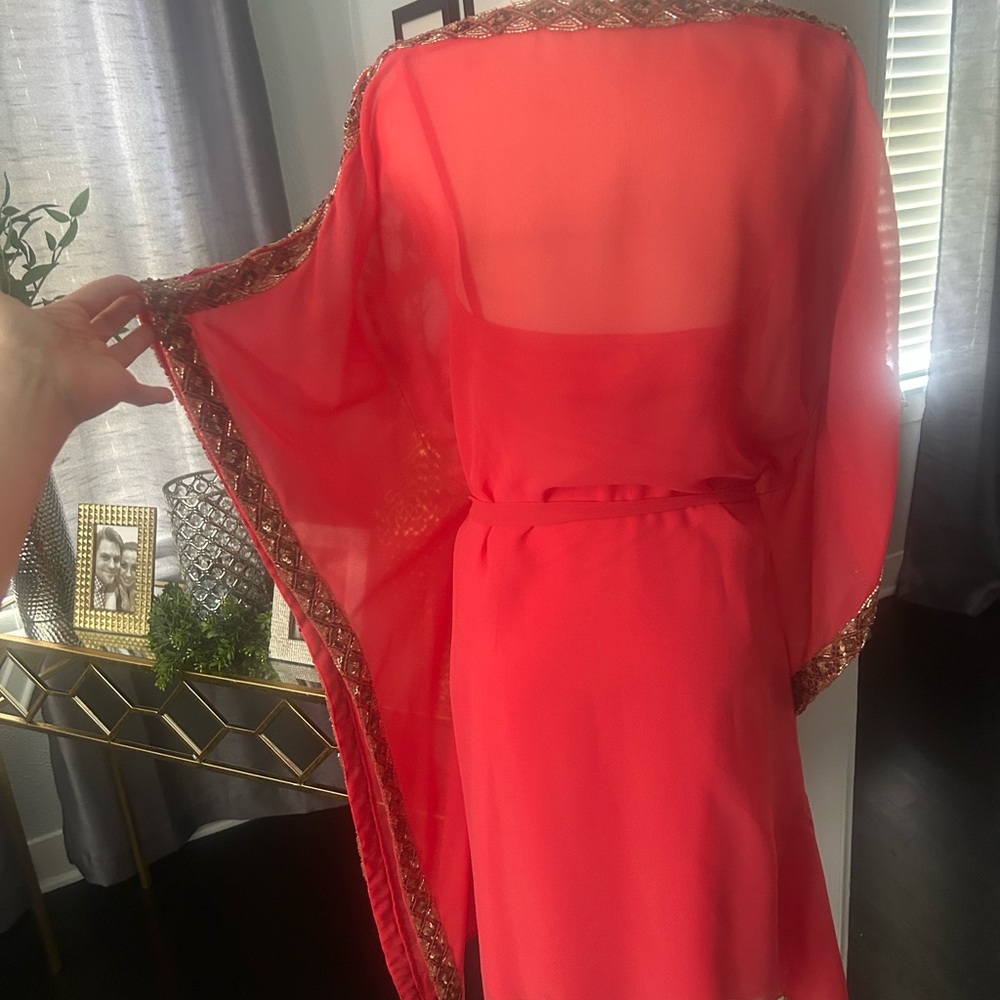 Chic Coral Sheer Dress with Gold Accents - Picture 4 of 4